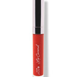Scotch Kiss 100% Pure Lip Caramel: vivid orange-red liquid lipstick in a closed clear tube with white script lettering and a reflective silver cap.