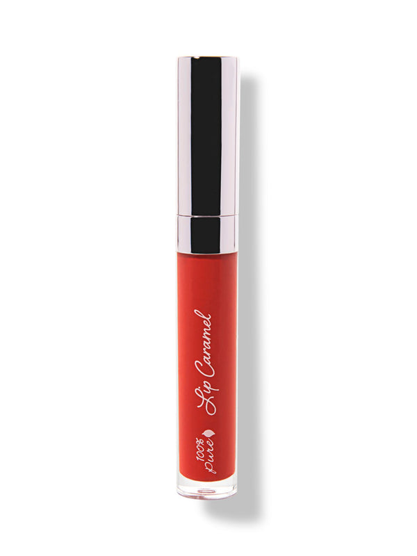 Scotch Kiss 100% Pure Lip Caramel: vivid orange-red liquid lipstick in a closed clear tube with white script lettering and a reflective silver cap.