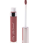 100% Pure Lip Caramel in Truffle: an open clear tube of mauve-brown liquid lipstick beside a white applicator wand with a reflective silver-pink cap and a tip coated in the same shade.