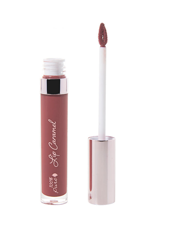 100% Pure Lip Caramel in Truffle: an open clear tube of mauve-brown liquid lipstick beside a white applicator wand with a reflective silver-pink cap and a tip coated in the same shade.