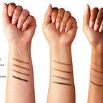 Three forearms with light, medium and deep skin tones show parallel brow-cream swatches from light brown through warm brown and grey-brown to dark brown. The shade labels are cut off at the left edge.