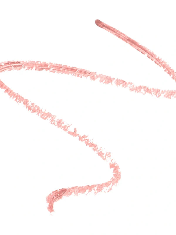 A pale peach-pink lip-liner swatch curves into a loose zigzag on white. The thin, softly textured line fades into small gaps along the bends.