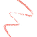 A coral-pink lip-liner swatch forms a loose zigzag on white. The stroke is thicker at the upper end, with grainy, broken edges around the bends.