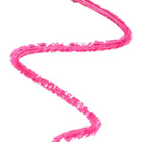 A vivid pink lip-liner swatch forms a wide zigzag on white. Parallel ridges run through the colour, with a rough, grainy edge around each bend.