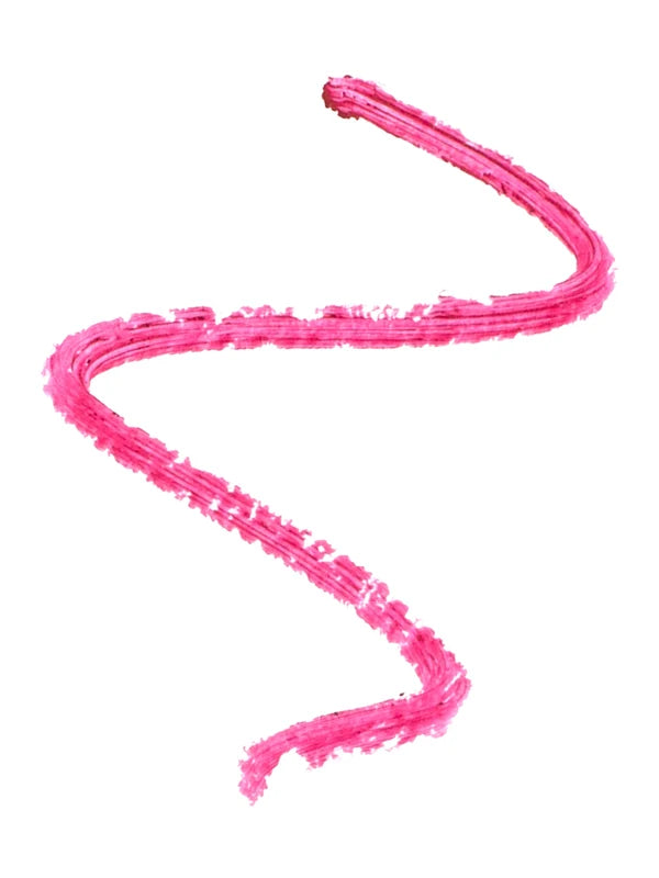 A vivid pink lip-liner swatch forms a wide zigzag on white. Parallel ridges run through the colour, with a rough, grainy edge around each bend.