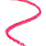 A bright pink-red 100% Pure lip-liner swatch forms a broad, flowing S-shaped line on white. Fine ridges and small gaps show the pencil texture along the stroke.