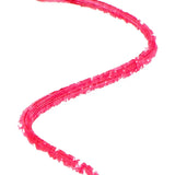 A bright pink-red 100% Pure lip-liner swatch forms a broad, flowing S-shaped line on white. Fine ridges and small gaps show the pencil texture along the stroke.