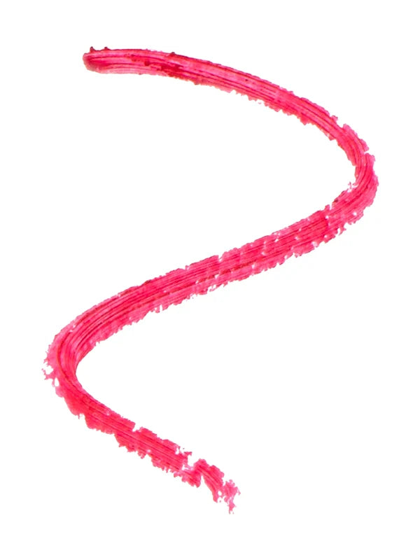 A bright pink-red 100% Pure lip-liner swatch forms a broad, flowing S-shaped line on white. Fine ridges and small gaps show the pencil texture along the stroke.
