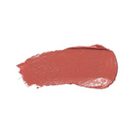 A horizontal swatch of Bee Balm lipstick in warm rosy pink, with a softly glossy surface, a rounded end and fine brush marks at the opposite edge.