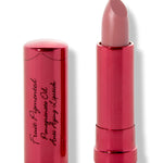 Buttercup lipstick with a slanted dusty rose tip extended from a metallic pink tube; its matching cap with black cursive lettering stands beside it.