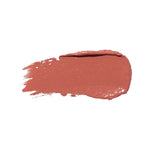 A horizontal swatch of Calendula lipstick in warm peach brown, with a softly glossy surface, a rounded end and fine brush marks at the opposite edge.