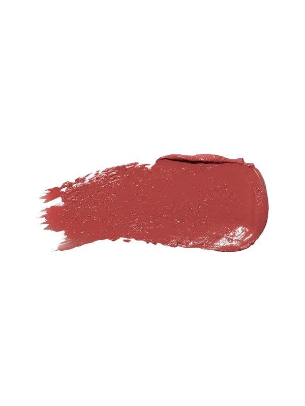 A horizontal swatch of Foxglove lipstick in muted rose brown, with a softly glossy surface, a rounded end and fine brush marks at the opposite edge.