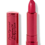 Narcissus lipstick with a slanted deep pink tip extended from a metallic pink tube; its matching cap with black cursive lettering stands beside it.