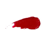 A glossy swatch of Poppy lipstick in rich red, with a rounded end and a narrow, streaked trail on white.