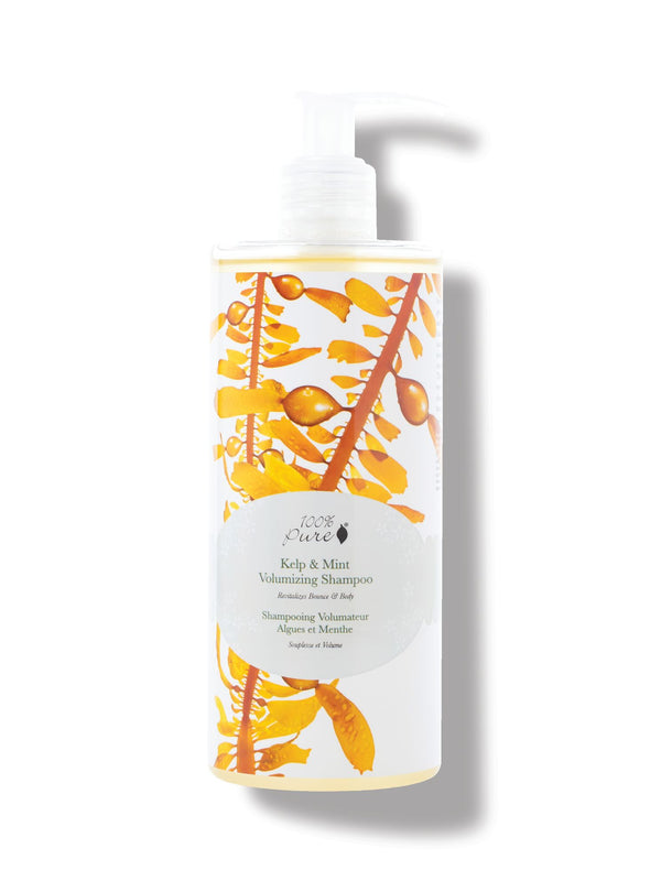 100% Pure Kelp & Mint Volumising Shampoo in a clear bottle of pale golden liquid, with a white pump, golden kelp imagery and a pale green round label.