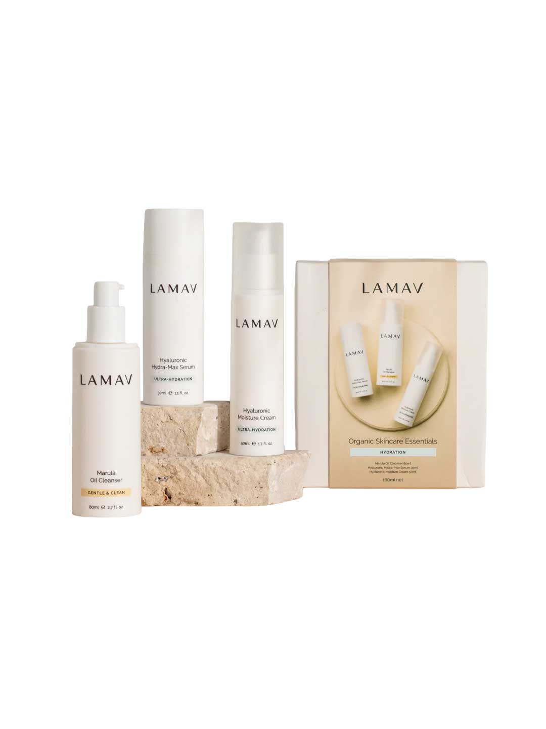 Three LAMAV Hydration Skin Discovery Pack products are showcased on stone blocks against a white background. This essential trio features hydrating formulas with hyaluronic acid for naturally radiant skin.