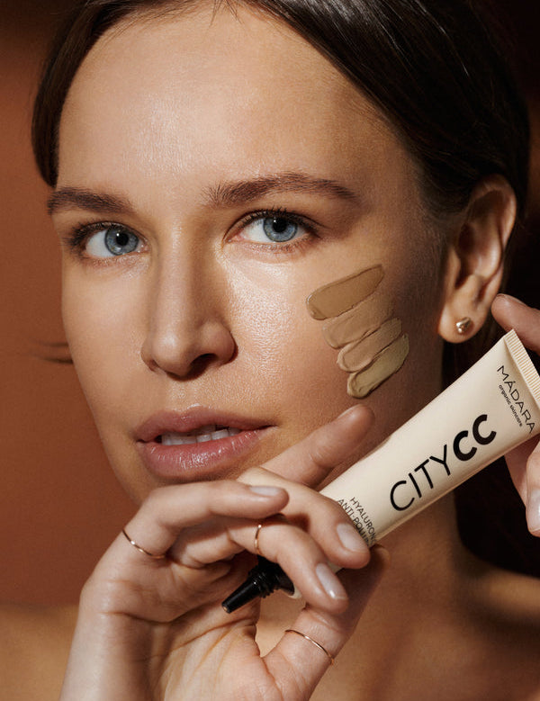 Model wearing Madara Hyaluronic Anti-Pollution CC Cream SPF15