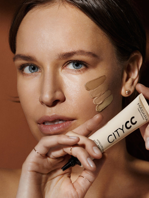 Model wearing Madara Hyaluronic Anti-Pollution CC Cream SPF15