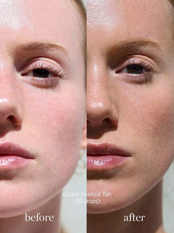 Before and after showing the natural glow from Ere Perez Guava Gradual Tan