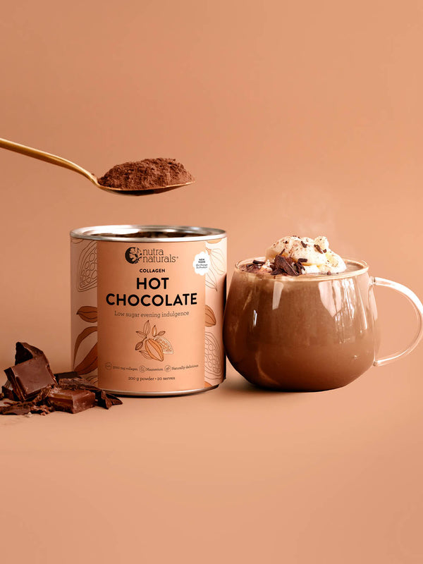 Nutra Naturals Collagen Hot Chocolate 200g with a topped mug