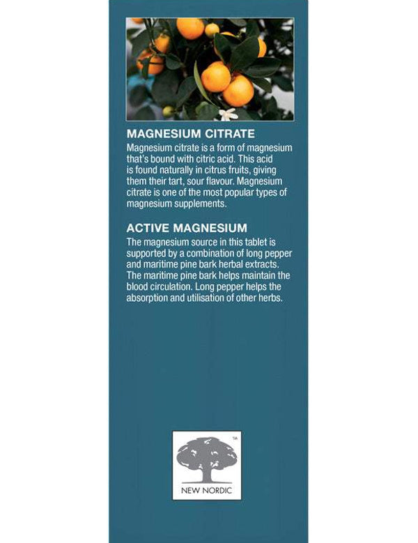 New Nordic Active Magnesium Citrate box side with citrus ingredient information
