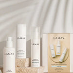 Three LAMAV Hydration Skin Discovery Packs are displayed on stone blocks with soft shadows, highlighting the minimalist white packaging and natural aesthetic.