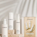 Three LAMAV Hydration Skin Discovery Packs are displayed on stone blocks with soft shadows, highlighting the minimalist white packaging and natural aesthetic.