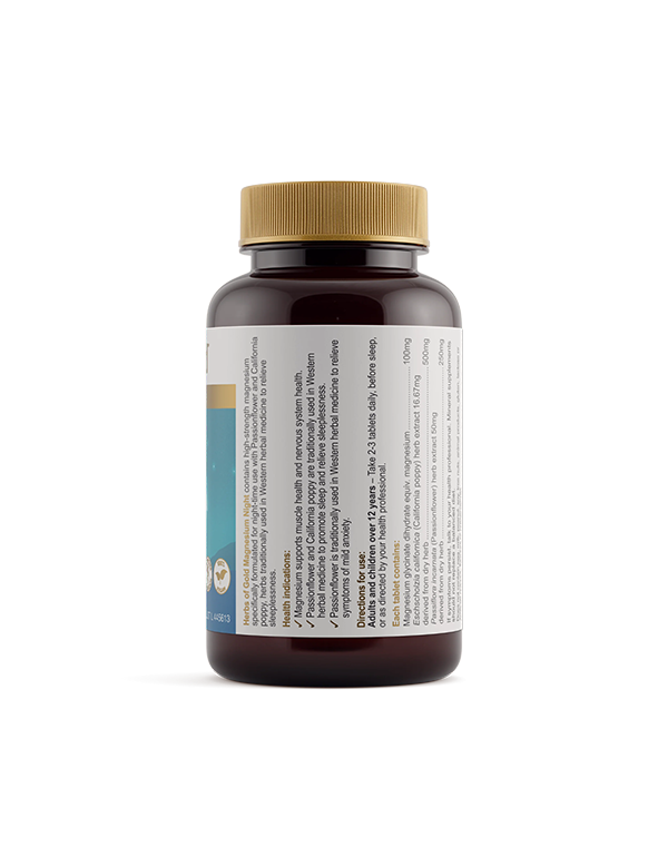 Back of the Herbs of Gold Magnesium Night bottle showing ingredients