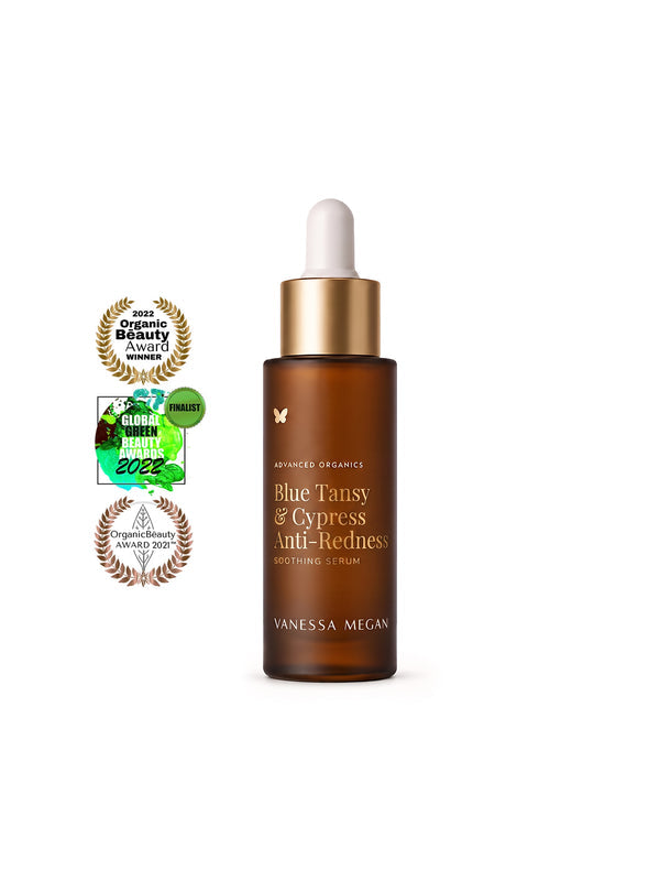 Vanessa Megan Blue Tansy and Cypress Serum with its award badges