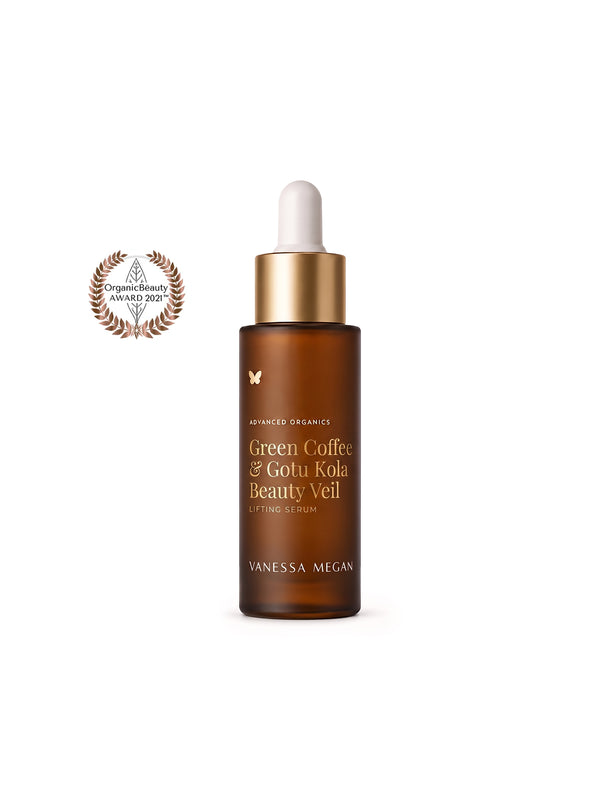 Vanessa Megan Green Coffee and Gotu Kola Beauty Veil bottle with award laurel