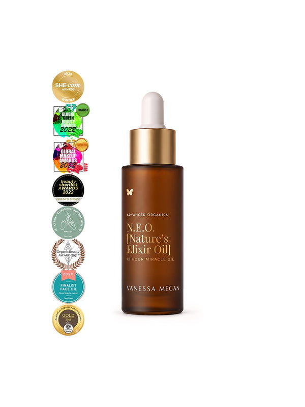 Vanessa Megan NEO 12 Hour Miracle Oil with its award badges