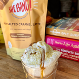 She BANG! Peri Salted Caramel Latte pouch with a prepared drink