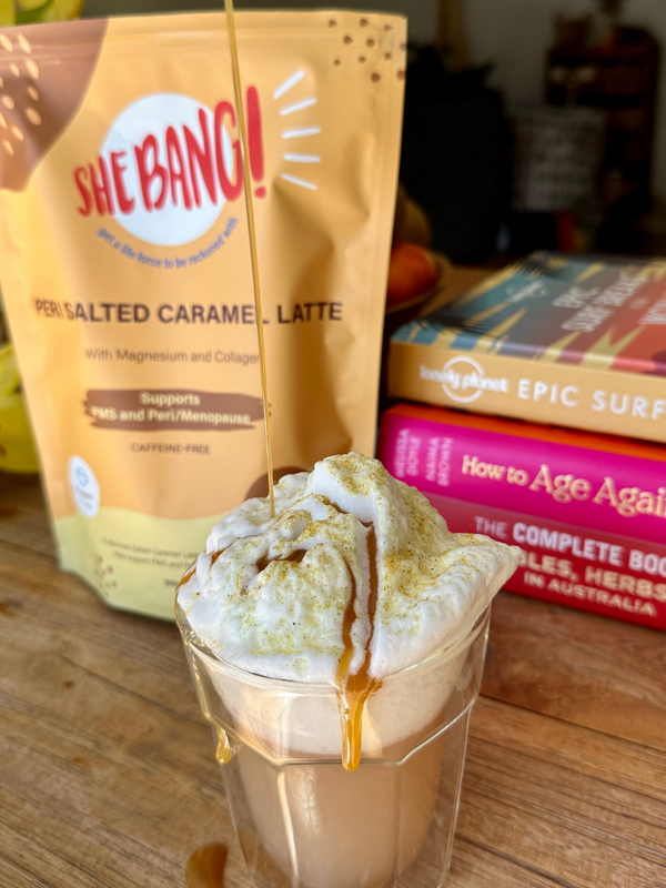 She BANG! Peri Salted Caramel Latte pouch with a prepared drink
