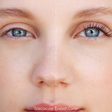 Before and after of a woman's lashes curled with the Ere Perez Spectacular Eyelash Curler and mascara