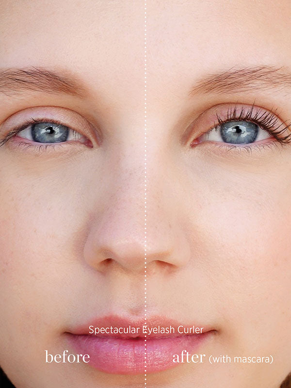 Before and after of a woman's lashes curled with the Ere Perez Spectacular Eyelash Curler and mascara