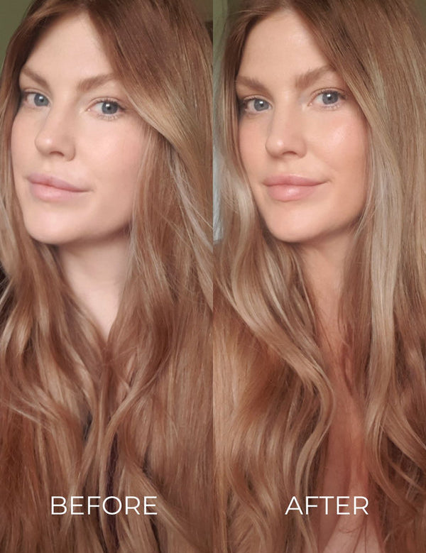 Side-by-side Before and After portraits for INIKA Natural Tanning Mist, showing a person with long light brown hair. Their face appears a warmer golden colour in the After image.