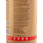 Back of the Eden Healthfoods Power Protein tin explaining the protein blend and quality standards