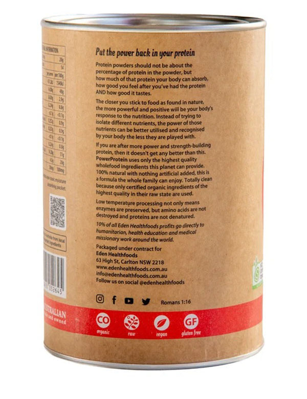 Back of the Eden Healthfoods Power Protein tin explaining the protein blend and quality standards