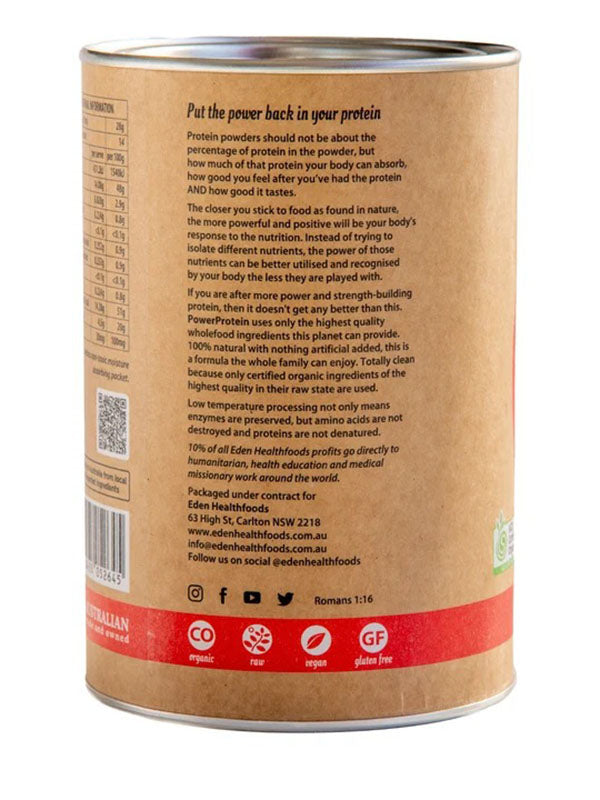Back of the Eden Healthfoods Power Protein tin explaining the protein blend and quality standards