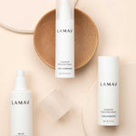 Three LAMAV Hydration Skin Discovery Pack products are displayed on a beige surface with a tan ceramic dish, featuring three essentials for ultimate hydration from LAMAV.