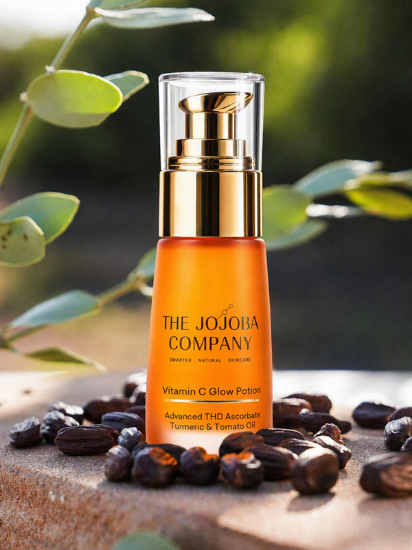 The Jojoba Company Vitamin C Glow Potion bottle with gold pump and clear cap