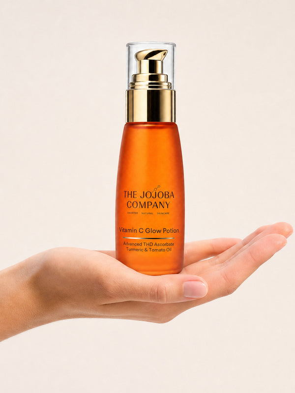 Open hand holding a bottle of The Jojoba Company Vitamin C Glow Potion