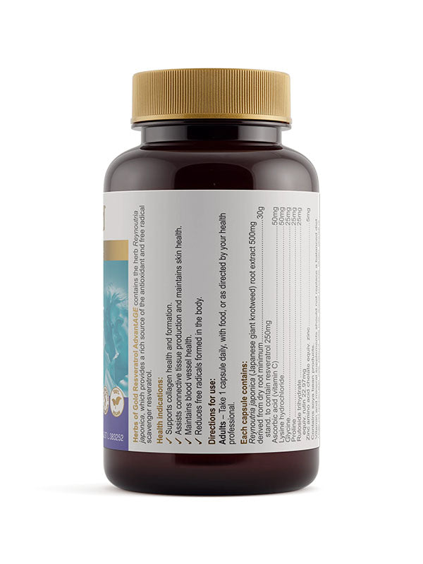 Side of the Herbs of Gold Resveratrol AdvantAGE bottle showing directions and each capsule's ingredients