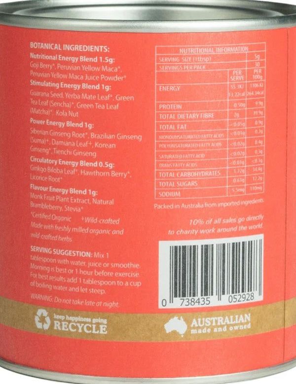 Back of the Eden Healthfoods High Octane tin listing its caffeine-free energy herb blends