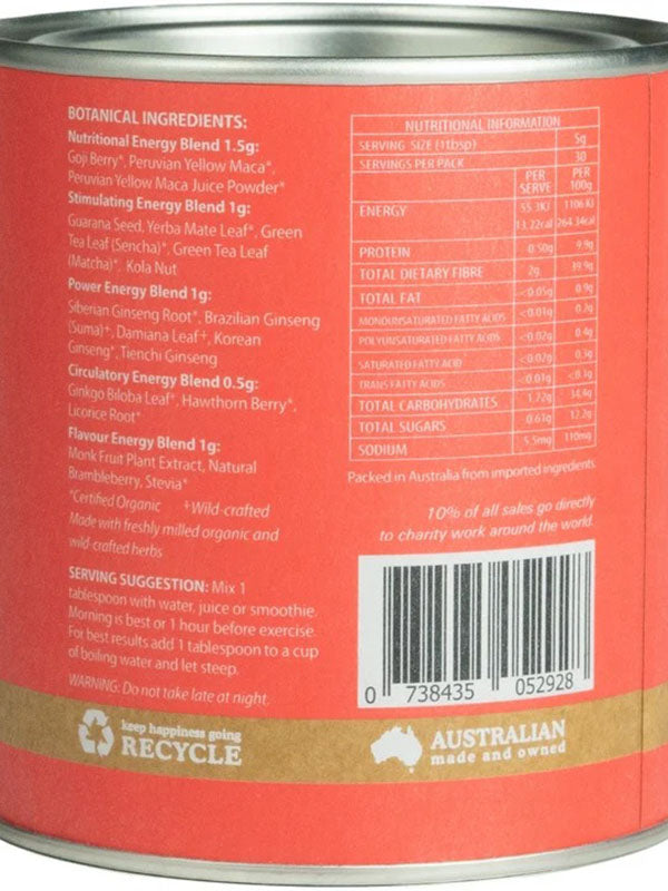 Back of the Eden Healthfoods High Octane tin listing its caffeine-free energy herb blends