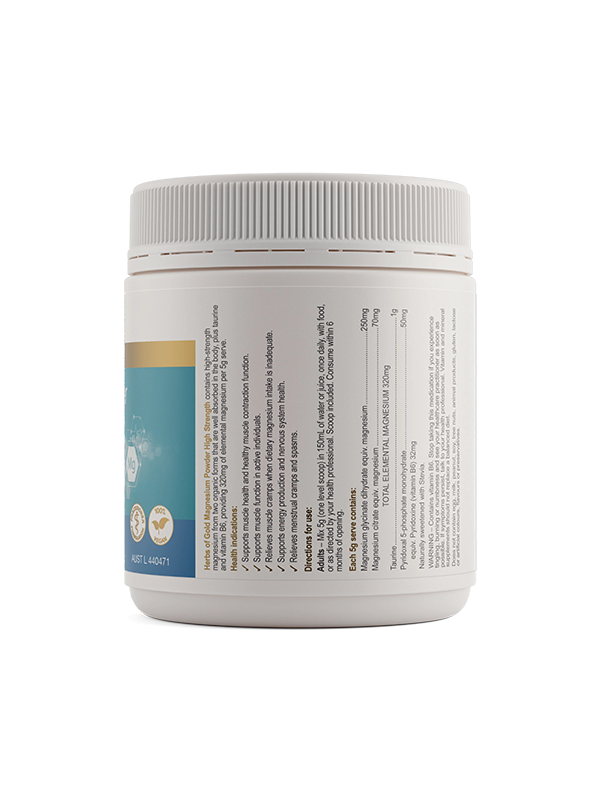 Back of the Herbs of Gold Magnesium Powder High Strength tub showing ingredients