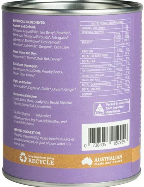 Back of the Eden Healthfoods Immunity Shield tin listing its protect, relief and defend herbal blends