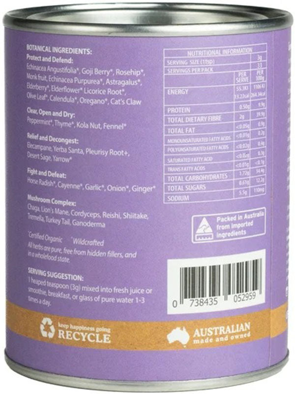 Back of the Eden Healthfoods Immunity Shield tin listing its protect, relief and defend herbal blends