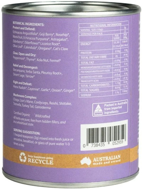 Back of the Eden Healthfoods Immunity Shield tin listing its protect, relief and defend herbal blends
