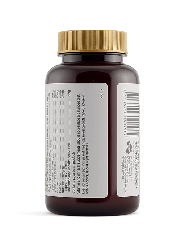 Side of the Herbs of Gold Resveratrol AdvantAGE bottle showing warnings and allergen information